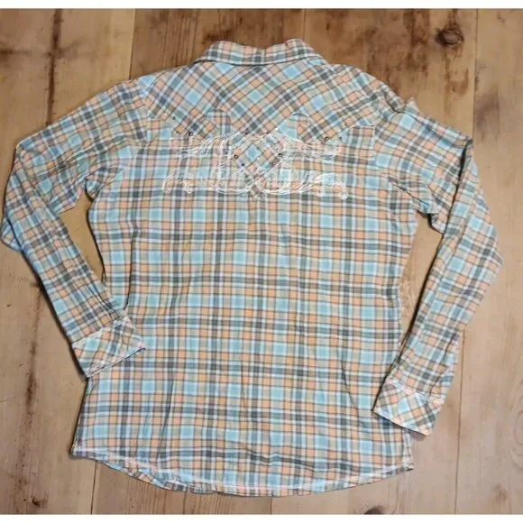 Wrangler Rock 47 Womens L Shirt Plaid Rhinestone Snap Front Embroidered Cotton - Picture 2 of 9